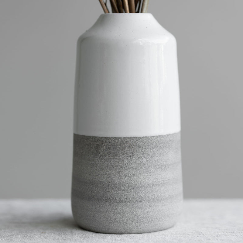 Handmade large ceramic vase in gray clay with white glaze for dried stems or fresh floral arrangements